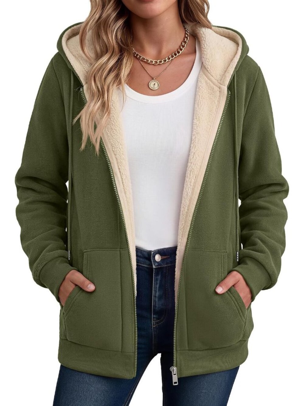 Women's Olive Green Fleece Lined Drawstring Hood Kangaroo Casual Winter Jacket